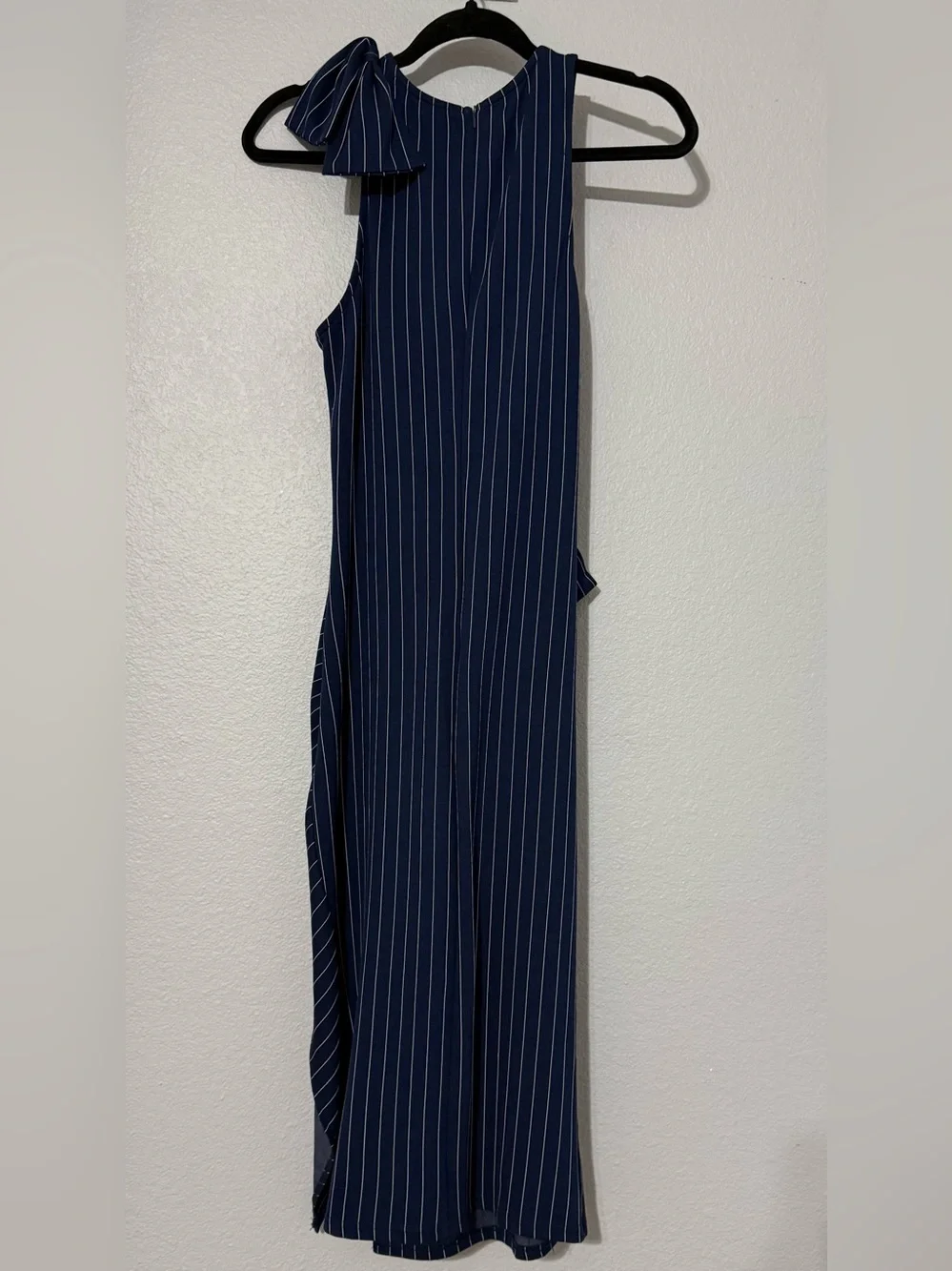 Navy Pinstripe Midi Dress with Statement Bow - Picture 5 of 6